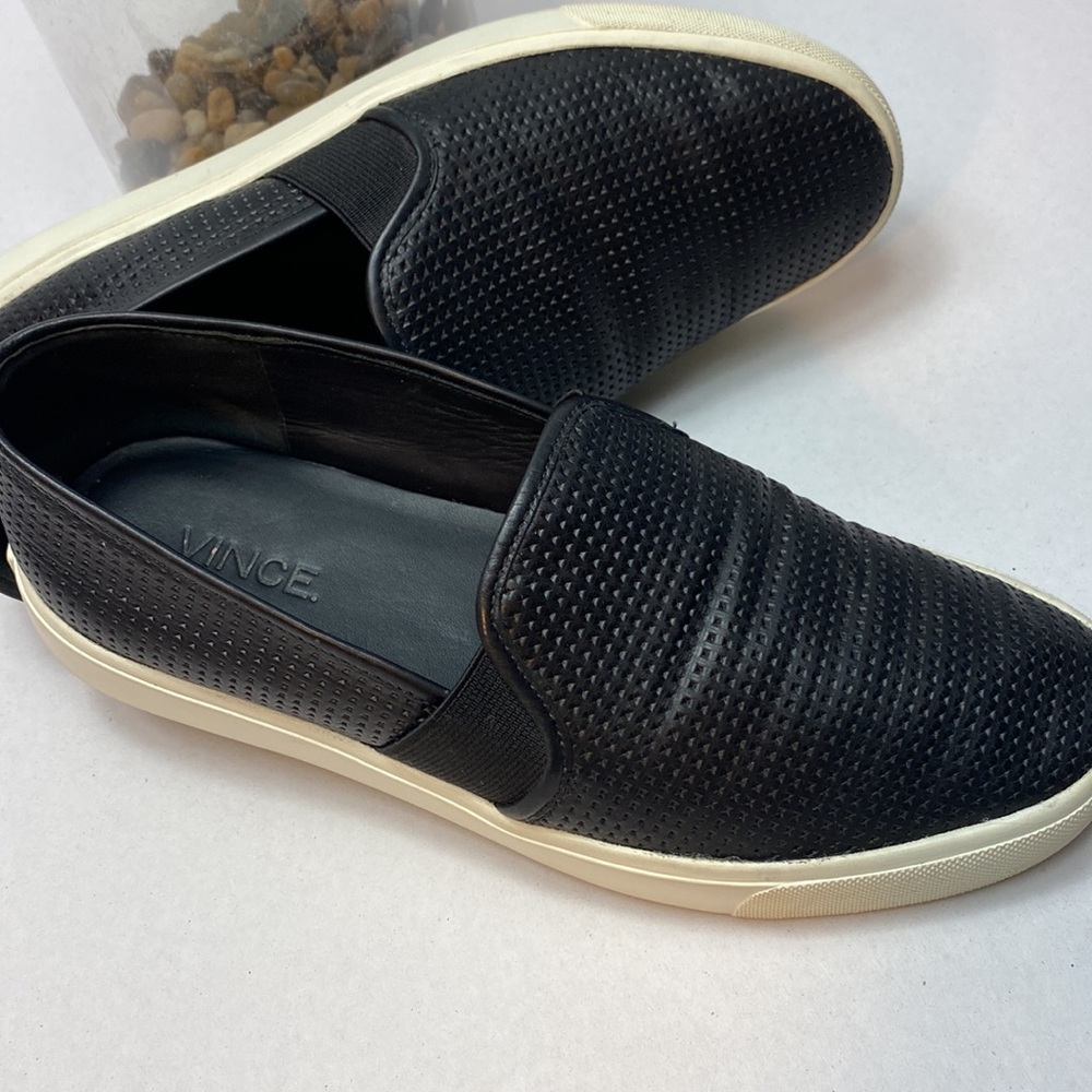 Vince Black Slip on Loafer Shoe Perforated Design  White Soles Size 6